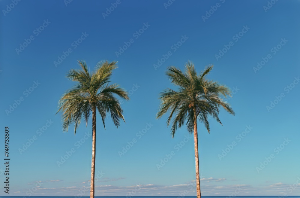 Two tall palm trees against a clear blue sky at midday Two tall palm trees against a clear blue sky at midday