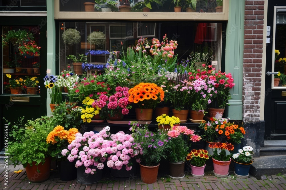 A flower shop, beautiful colorful flowers outdoor.