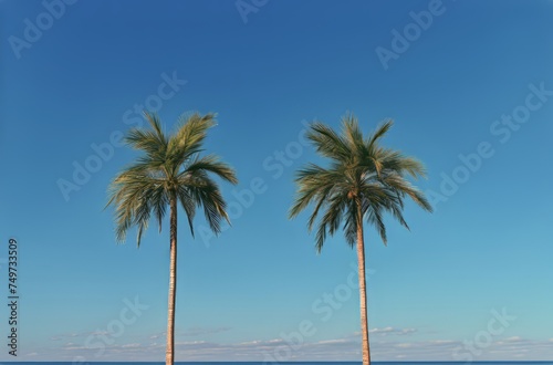Two tall palm trees against a clear blue sky at midday © santiago
