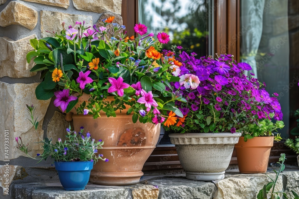 Beautiful colorful potted plants and flowers in a big stoneware flower pot for balcony, patio or terrace.