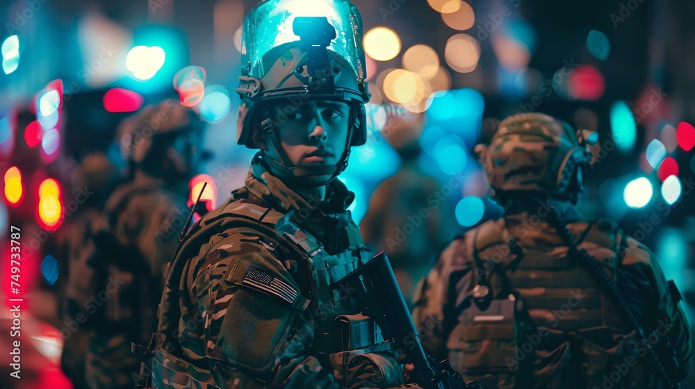 Armed forces in urban nighttime setting, soldiers with tactical gear on alert. city lights create a vivid backdrop. public security concept in a nocturnal urban environment. AI Armed forces in urban nighttime setting, soldiers with tactical gear on alert. city lights create a vivid backdrop. public security concept in a nocturnal urban environment. AI
