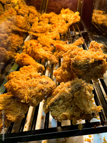 A few pieces of fried chicken in the heater. Close up viewaa