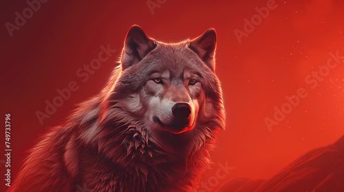 Photo of a wolf animal on a red background © andri