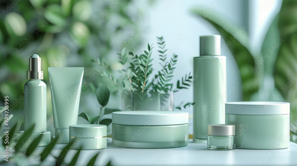 Green cosmetic packaging mockup presentation packaging mockup cosmetic products. Cream jar, spray, oil, lotion or shampoo, gel shower, liquid soap, antiperspirant Modern-style beauty products Green cosmetic packaging mockup presentation packaging mockup cosmetic products. Cream jar, spray, oil, lotion or shampoo, gel shower, liquid soap, antiperspirant Modern-style beauty products
