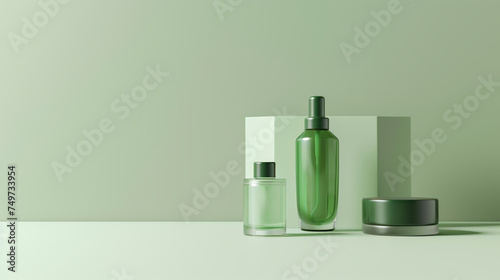 Green cosmetic packaging mockup presentation packaging mockup cosmetic products. Cream jar, spray, oil, lotion or shampoo, gel shower, liquid soap, antiperspirant Modern-style beauty products
