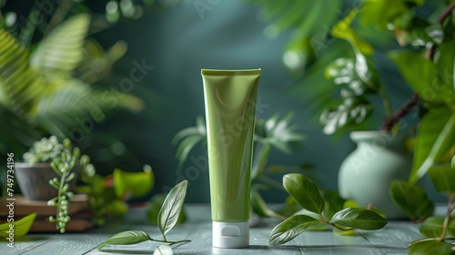 Green cosmetic packaging mockup presentation packaging mockup cosmetic products. Cream jar, spray, oil, lotion or shampoo, gel shower, liquid soap, antiperspirant Modern-style beauty products