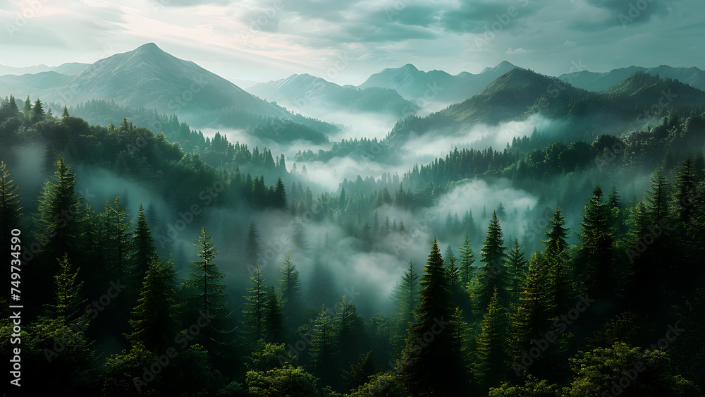 A photo of a dense forest shrouded in fog, with the silhouettes of mountains visible in the background. Sunlight filters through the fog, creating a dreamlike atmosphere. - obrazy, fototapety, plakaty 
