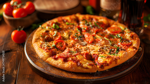 A close-up photo of a delicious pizza with a golden brown crust resting on a rustic wooden table. The pizza is topped with melted mozzarella cheese, sliced cherry tomatoes, fresh basil leaves, and a d