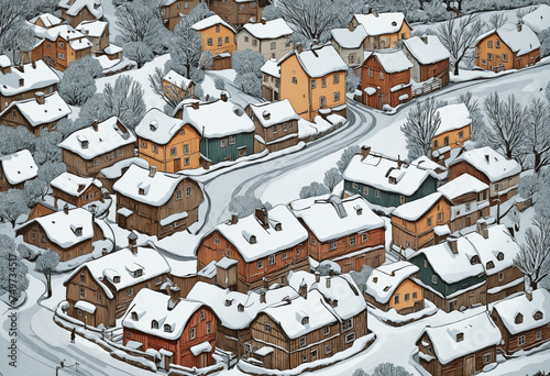 snowy village vintage illustration isolated on a transparent background