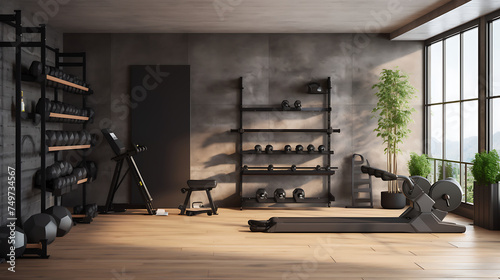 A home gym with limited space, maximizing the use of wall-mounted exercise equipment. photo