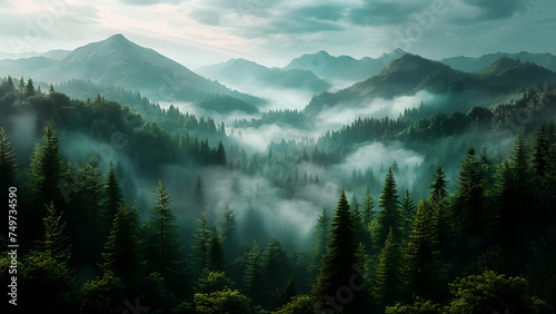 A photo of a dense forest shrouded in fog, with the silhouettes of mountains visible in the background. Sunlight filters through the fog, creating a dreamlike atmosphere. photo