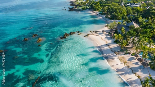 Tropical beach paradise aerial view, clear blue water and sandy shores, ideal for travel and tourism. relaxation and nature concept. AI