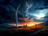 Wind Turbine Against Thunderous Sunset, Wind turbines stand tall as guardians of renewable energy, their silhouettes stark against a dramatic thunderous sunset that paints the sky with vibrant hues an