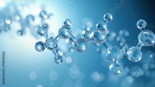 glass molecules or atoms on light blue background. Concept of biochemical, pharmaceutical, beauty, medical.