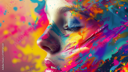 A captivating close-up of a woman's face artistically overlaid with vibrant splashes of paint, exuding a powerful expression of creativity and emotion.