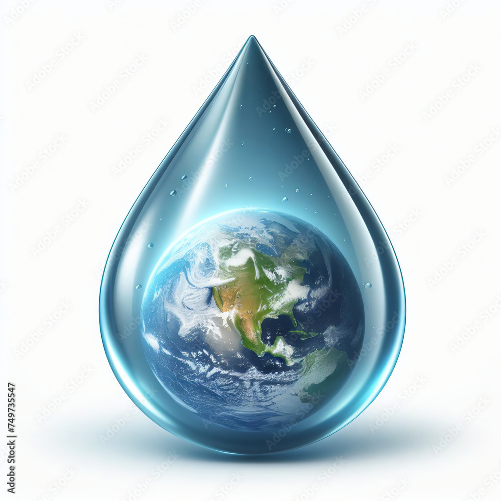 Obraz premium A single water drop and a vivid representation of earth inside it, isolated on a White background, World Water Day