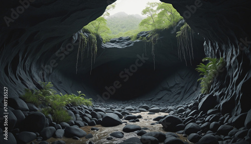 contrast of a dark cave entrance against a forest background