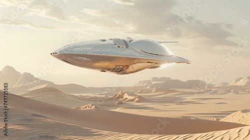 Futuristic silver spaceship hovering over desert dunes. sci-fi scene depicting interplanetary travel. suitable for digital backgrounds. AI
