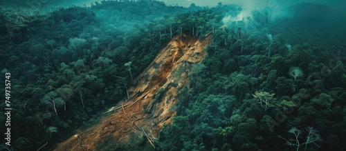 The aerial view depicts a dense forest with a towering, large tree standing out amidst the green canopy. The landscape showcases the natural beauty and vastness of the forest from above.
