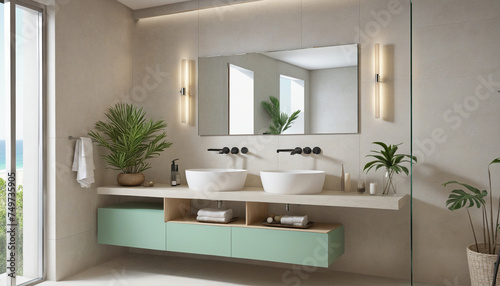 The soft pastel color on this bathroom vanity brings a touch of modern beach house interior design to this space