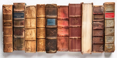A stack of beautiful leather bound old vintage books with golden decoration isolated on white background.