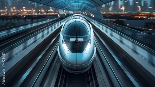 Sleek high-speed train speeding through an urban landscape at night with city lights in the background. photo