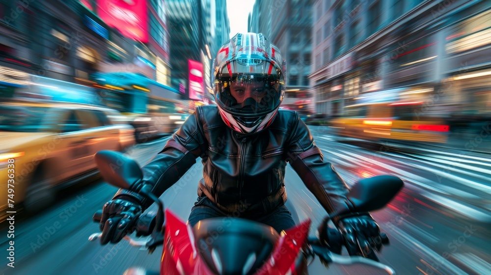 Frontal view of a motorcyclist in full gear speeding through busy city traffic, with a strong focus on the rider.