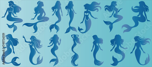 Mermaid silhouette  underwater mermaid vector elegance  mythical beauty  tranquil blue background. Fantasy marine scene  oceanic allure  serene aquatic design