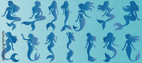 Mermaid silhouette, underwater mermaid vector elegance, mythical beauty, tranquil blue background. Fantasy marine scene, oceanic allure, serene aquatic design