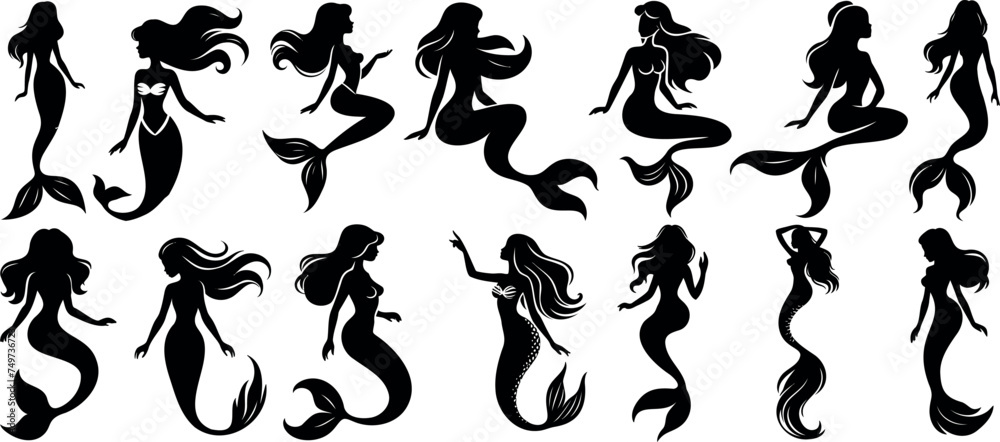 Mermaid silhouettes, mermaid vector for fantasy designs, ocean themed artwork, elegant mermaid poses. Ideal for tattoos, marine life illustrations, aquatic themes Mermaid silhouettes, mermaid vector for fantasy designs, ocean themed artwork, elegant mermaid poses. Ideal for tattoos, marine life illustrations, aquatic themes