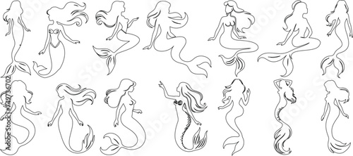 Mermaid sketch collection, elegant mermaid outlines in various poses. Perfect for fantasy art, tattoos, mythical themes. Graceful, artistic, black mermaid line art illustration design