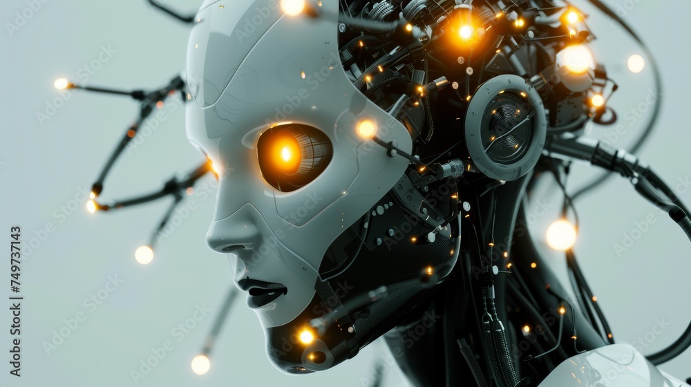 Fototapeta premium Futuristic Robot Head with Glowing Eyes generative ai