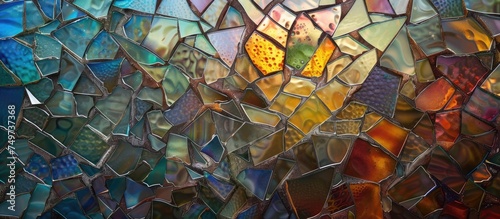 This close-up showcases the striking beauty of a stained glass window, highlighting the intricate patterns and colorful fragments of broken glass merging to create a mesmerizing display.