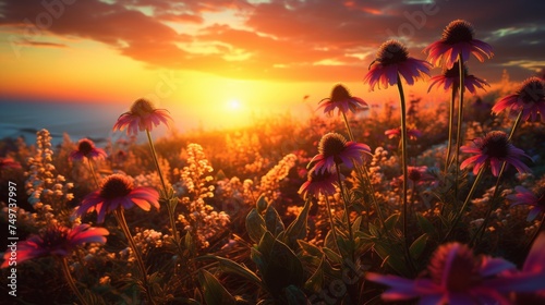 A beautiful Flower field At Sunset. Nature, Summer, the Golden Hour of the concept. © liliyabatyrova