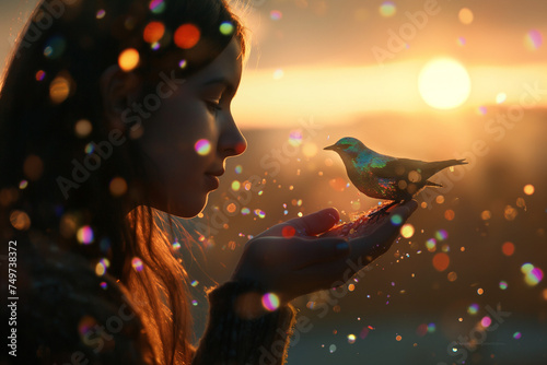 Girl holding a Bird in her hands