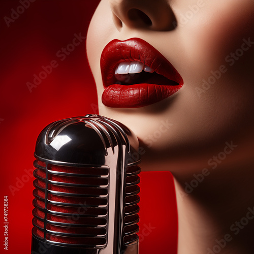Women Singing into microphone on red background