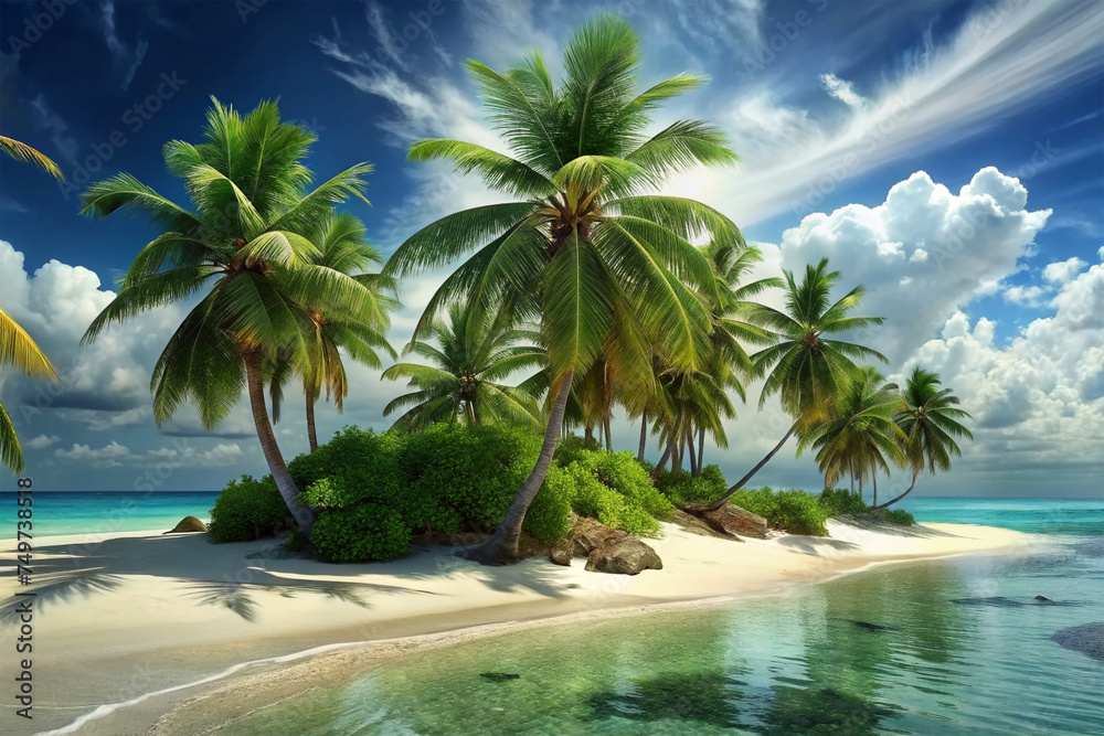 Tropical Oasis, Palm trees swaying in the breeze on a pristine island beach.
Tropical Oasis, Palm trees swaying in the breeze on a pristine island beach.