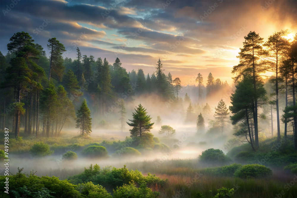 Misty Morning, Ethereal fog enveloping tranquil forest scenery at dawn.
 - obrazy, fototapety, plakaty 