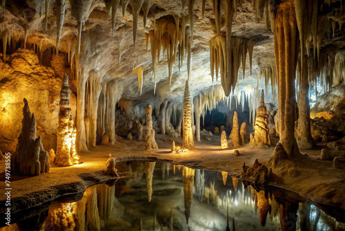 Crystal Cavern, Stalactites and stalagmites glistening in the dim light of an underground cave. 