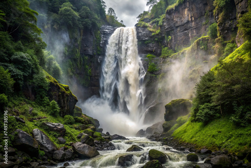 Thundering Cascade, A powerful waterfall cascading down rocky cliffs amidst lush foliage. 