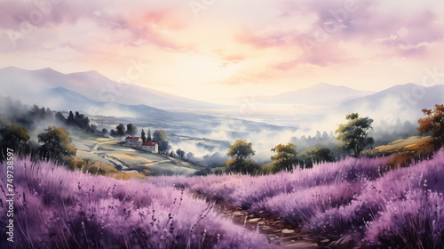 As the pastel hues of dawn stretch across the sky, mist envelops the mountains, creating a serene ambiance for the vibrant lavender fields in bloom. Watercolor painting illustration.
