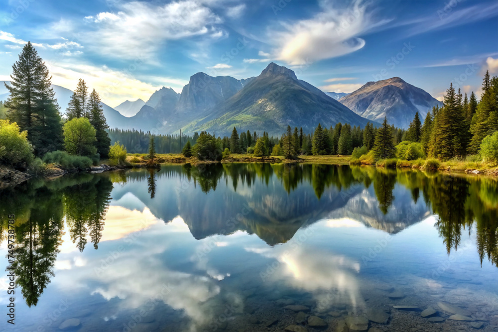 Tranquil Lake, Mirror-like water reflecting the surrounding mountains and trees.
