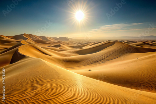 Desert Mirage, Rippling sand dunes stretching endlessly under a scorching sun. 