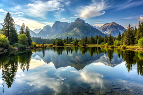 Tranquil Lake  Mirror-like water reflecting the surrounding mountains and trees. 