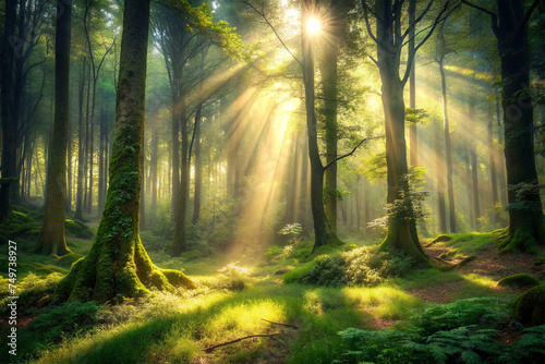 Enchanted Forest, Sunlight filtering through dense trees in a mysterious woodland.