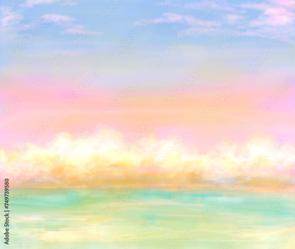 カラフルな焼ける空とグリーンの海が広がる風景の水彩イラスト