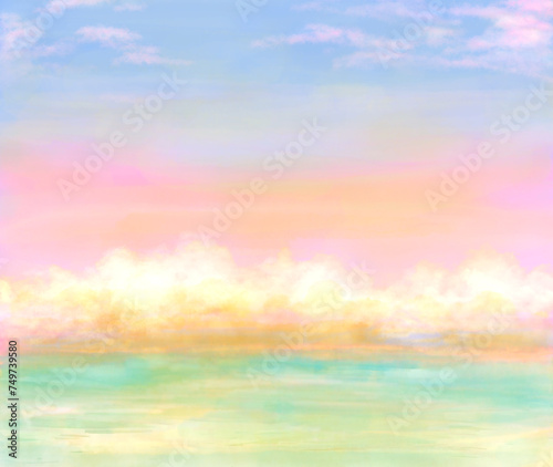 カラフルな焼ける空とグリーンの海が広がる風景の水彩イラスト