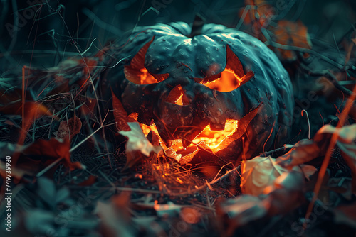 Scary horror background with halloween pumpkins jack o lantern