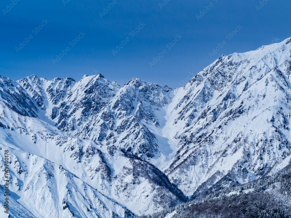 冬の白馬村　冠雪した北アルプス