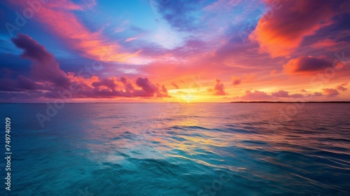 A Picturesque Beautiful Colorful Bright Sunset in the Sea. Golden Hour, Nature, Ocean, Island, Summer, Travel concepts.